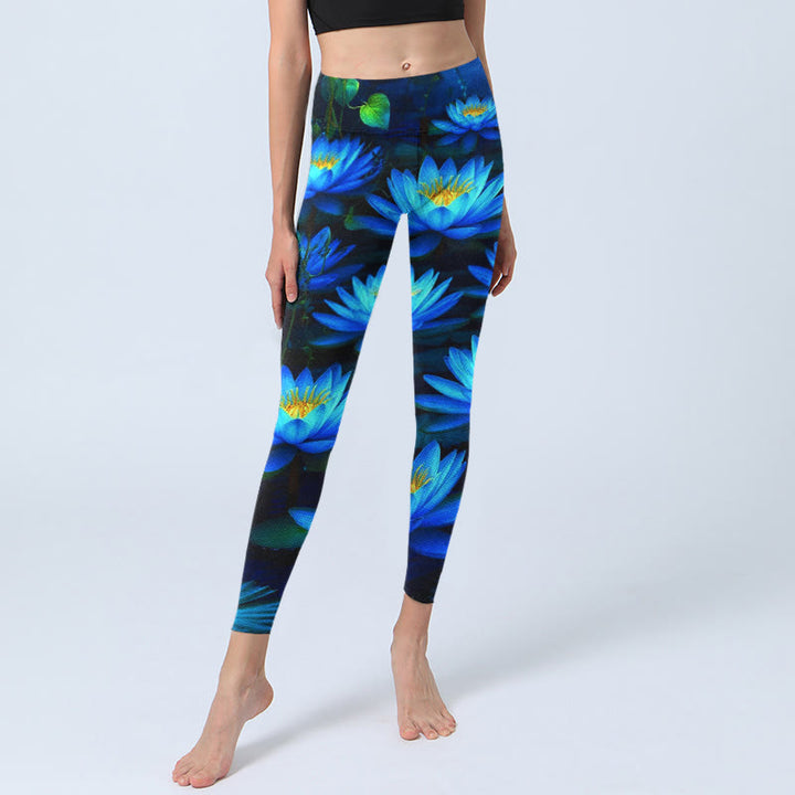 Buddha Stones Deep Blue Water Lily Lotus Print Gym Leggings Women's Yoga Pants - image 5
