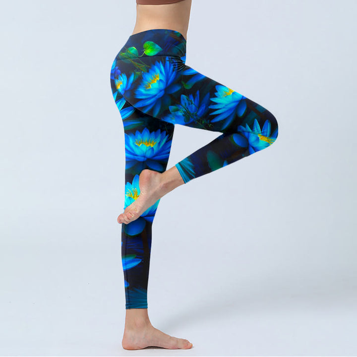Buddha Stones Deep Blue Water Lily Lotus Print Gym Leggings Women's Yoga Pants - image 3