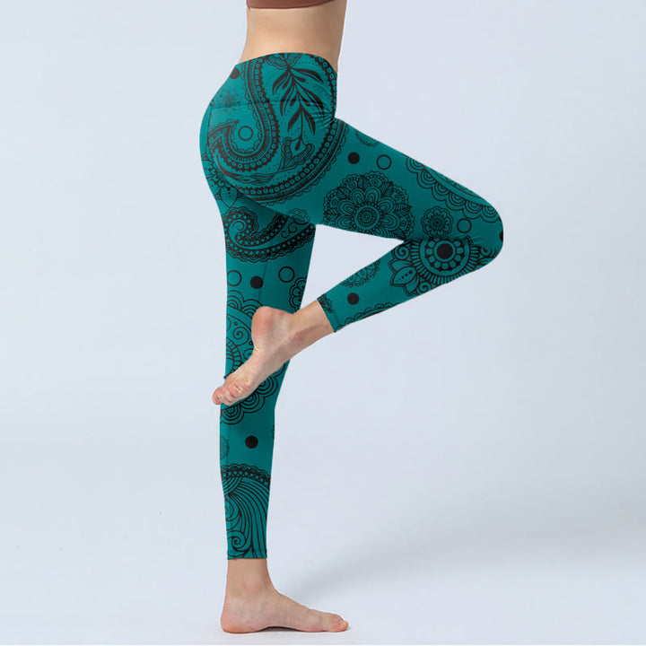 Buddha Stones Deep Green Cashew Flower Petals Print Gym Leggings Women's Yoga Pants - image 3