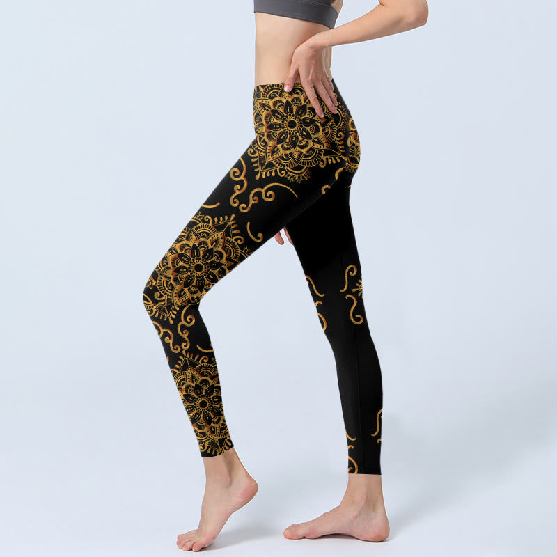 Buddha Stones Golden Mandala Flowers Print Gym Leggings Women's Yoga Pants - image 2