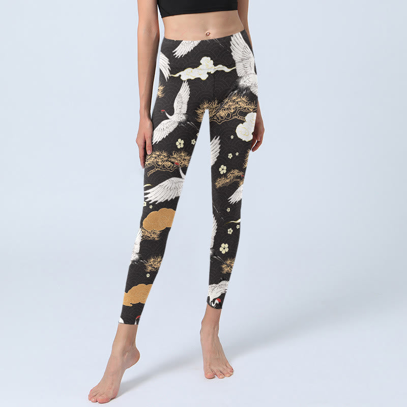 Buddha Stones White Red-crowned Cranes Golden Pine Trees Print Gym Leggings Women's Yoga Pants - image 6