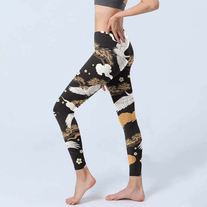 Buddha Stones White Red-crowned Cranes Golden Pine Trees Print Gym Leggings Women's Yoga Pants - image 3