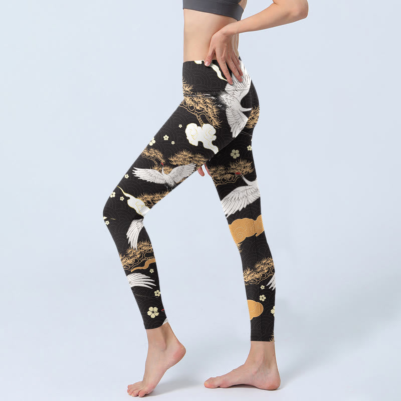 Buddha Stones White Red-crowned Cranes Golden Pine Trees Print Gym Leggings Women's Yoga Pants - image 2