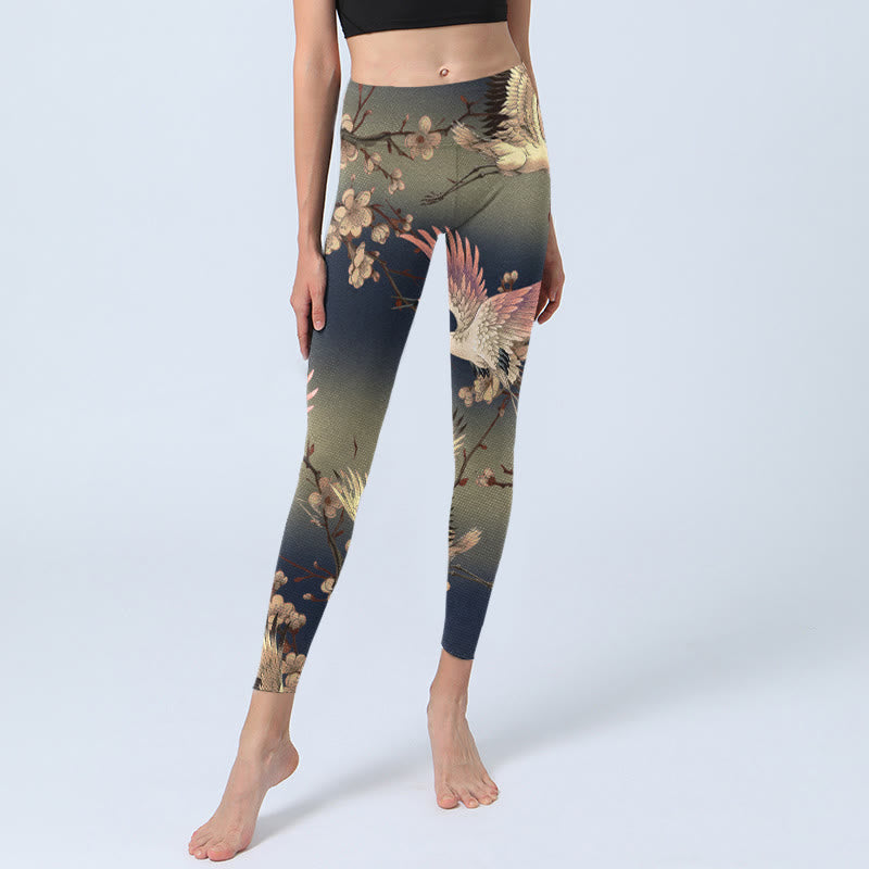 Buddha Stones White Crane White Blossoming Branch Print Gym Leggings Women's Yoga Pants - image 5