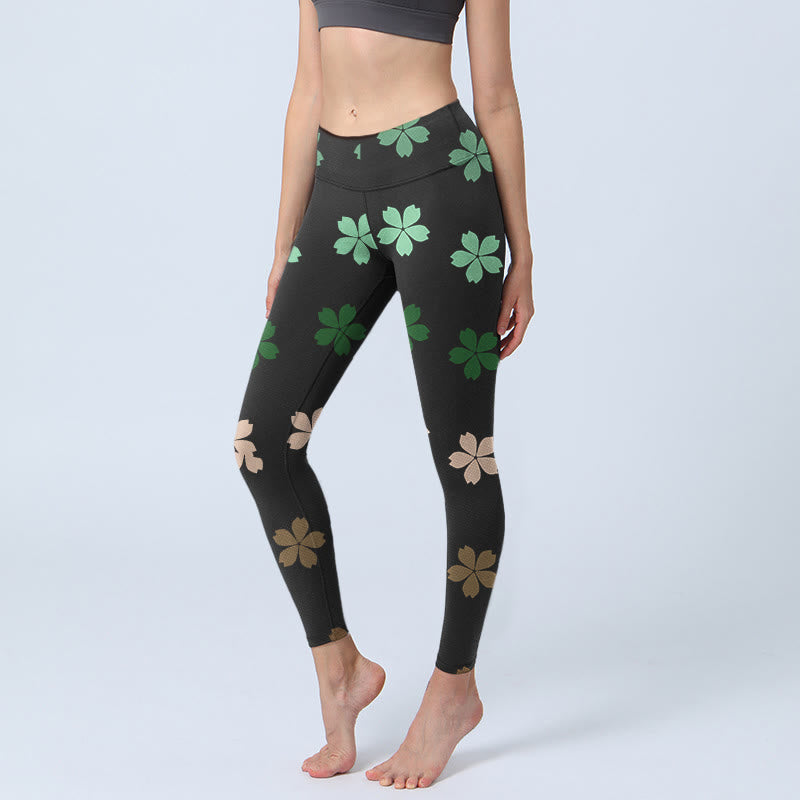Buddha Stones Green Pink Five-petal Flowers Print Gym Leggings Women's Yoga Pants - Black - US18，UK/AU22，EU50 (4XL) - image 0