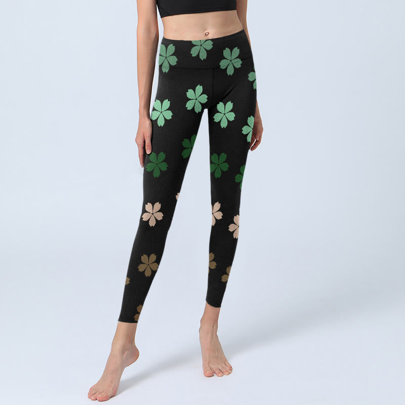Buddha Stones Green Pink Five-petal Flowers Print Gym Leggings Women's Yoga Pants - image 6