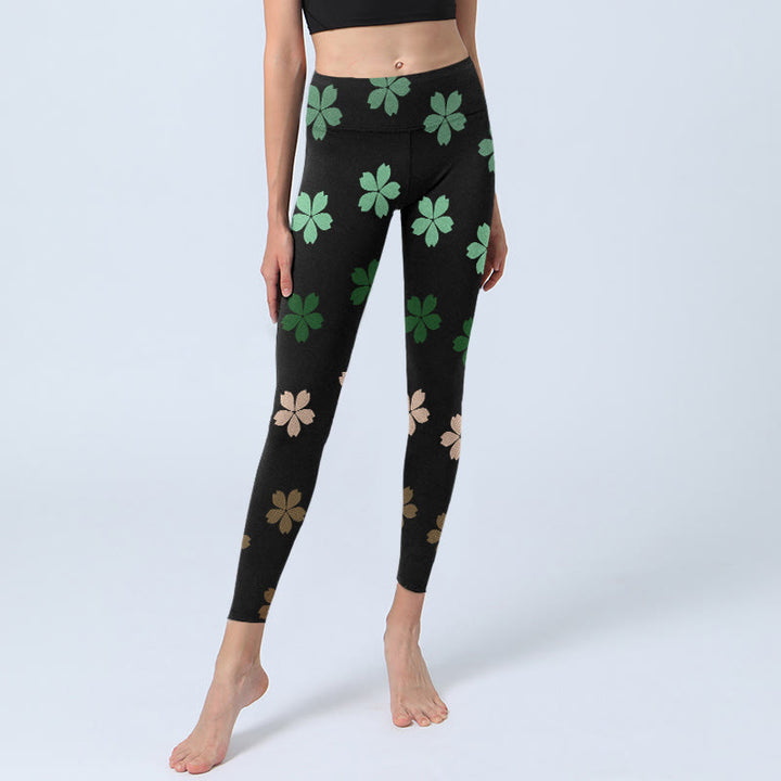 Buddha Stones Green Pink Five-petal Flowers Print Gym Leggings Women's Yoga Pants - image 6