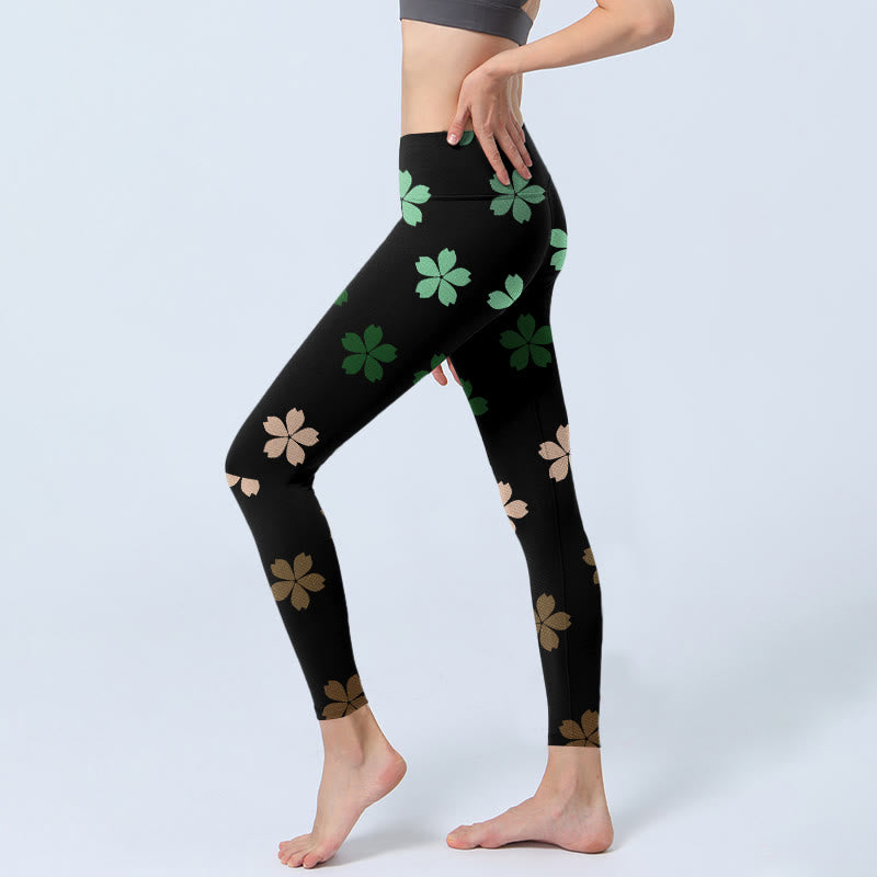 Buddha Stones Green Pink Five-petal Flowers Print Gym Leggings Women's Yoga Pants - image 2