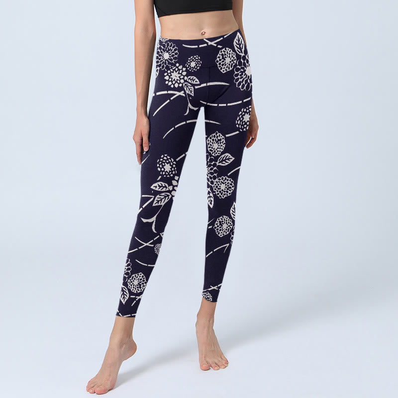 Buddha Stones White Sketch Chrysanthemums Print Gym Leggings Women's Yoga Pants - image 5