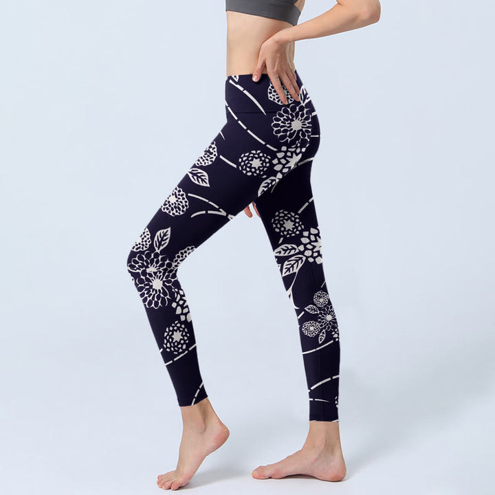 Buddha Stones White Sketch Chrysanthemums Print Gym Leggings Women's Yoga Pants - image 2