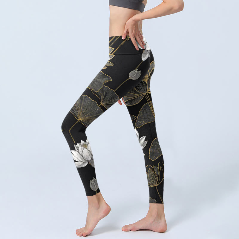 Buddha Stones White Golden Lotus Leaves Print Gym Leggings Women's Yoga Pants - image 2