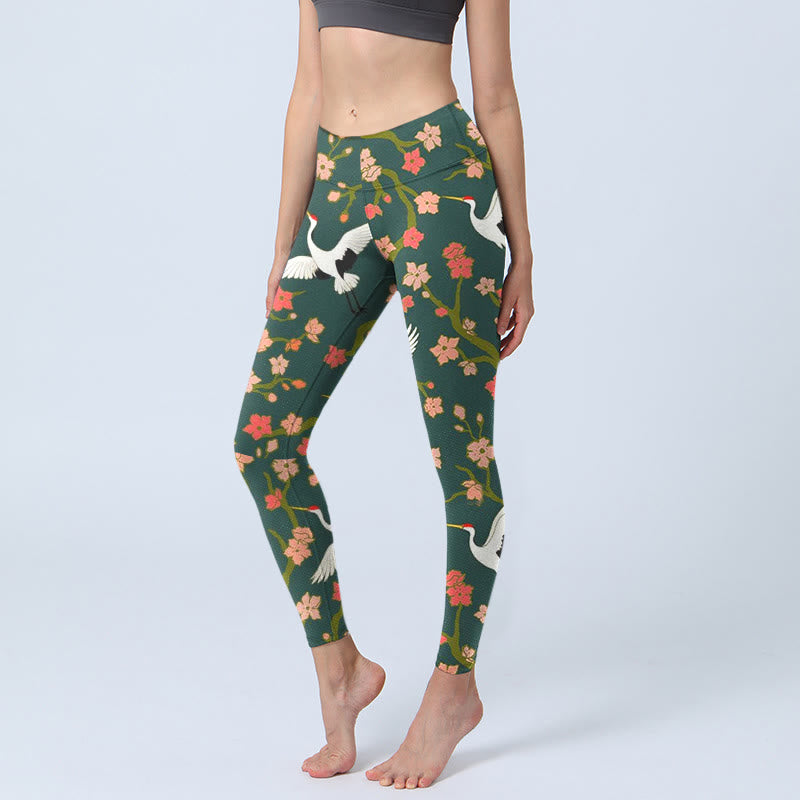 Buddha Stones White Red-crowned Cranes Red Orange Flower Trees Print Gym Leggings Women's Yoga Pants - CadetBlue - US18，UK/AU22，EU50 (4XL) - image 0