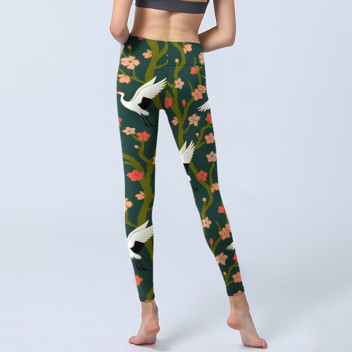 Buddha Stones White Red-crowned Cranes Red Orange Flower Trees Print Gym Leggings Women's Yoga Pants - image 6