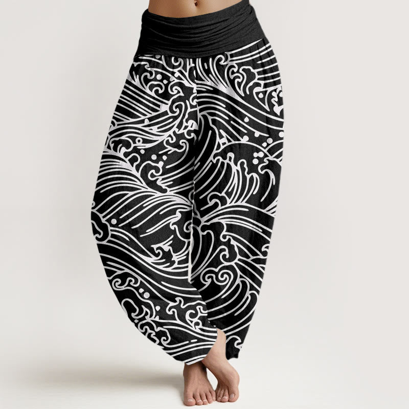 Buddha Stones Rough Waves Pattern Women's Elastic Waist Harem Pants - Black - US22，UK/AU26，EU54 (6XL) - image 0