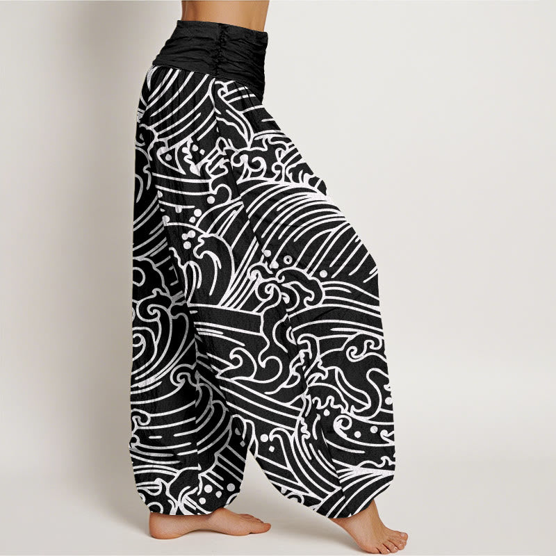 Buddha Stones Rough Waves Pattern Women's Elastic Waist Harem Pants - image 2