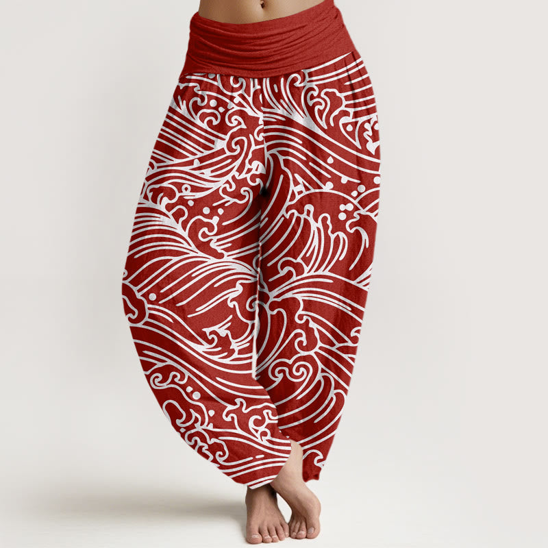 Buddha Stones Rough Waves Pattern Women's Elastic Waist Harem Pants - Crimson - US22，UK/AU26，EU54 (6XL) - image 4