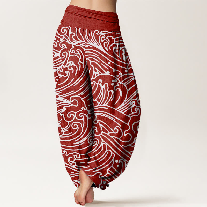 Buddha Stones Rough Waves Pattern Women's Elastic Waist Harem Pants - image 5
