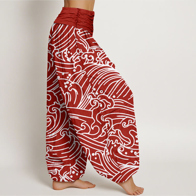 Buddha Stones Rough Waves Pattern Women's Elastic Waist Harem Pants - image 6