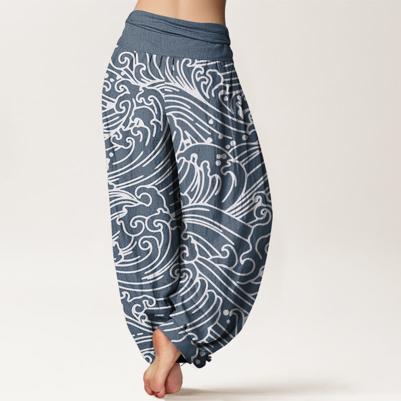 Buddha Stones Rough Waves Pattern Women's Elastic Waist Harem Pants - image 9