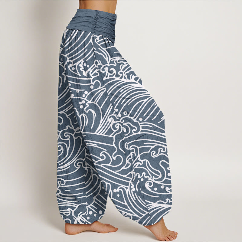 Buddha Stones Rough Waves Pattern Women's Elastic Waist Harem Pants - image 9