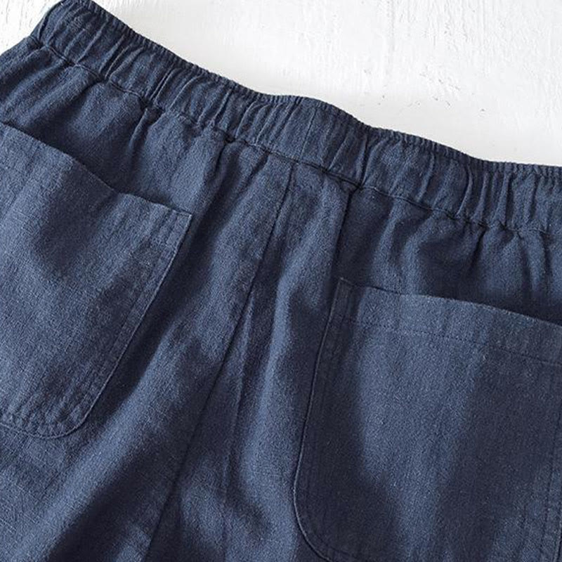 Buddha Stones Summer Solid Color Drawstring Elastic Waist Men's Cotton Linen Shorts With Pockets - image 29