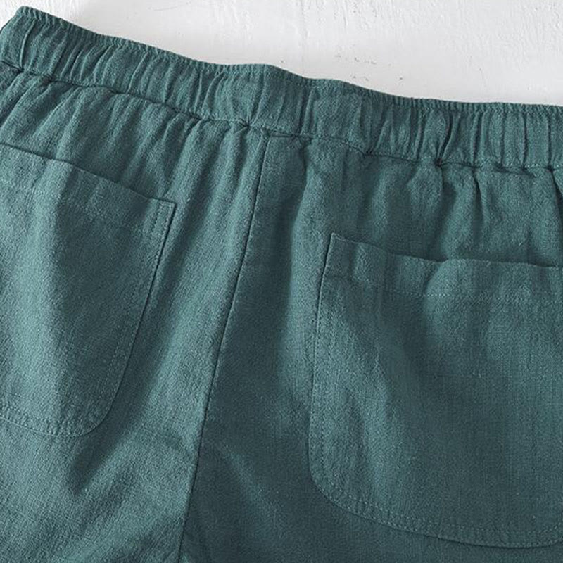 Buddha Stones Summer Solid Color Drawstring Elastic Waist Men's Cotton Linen Shorts With Pockets - image 23