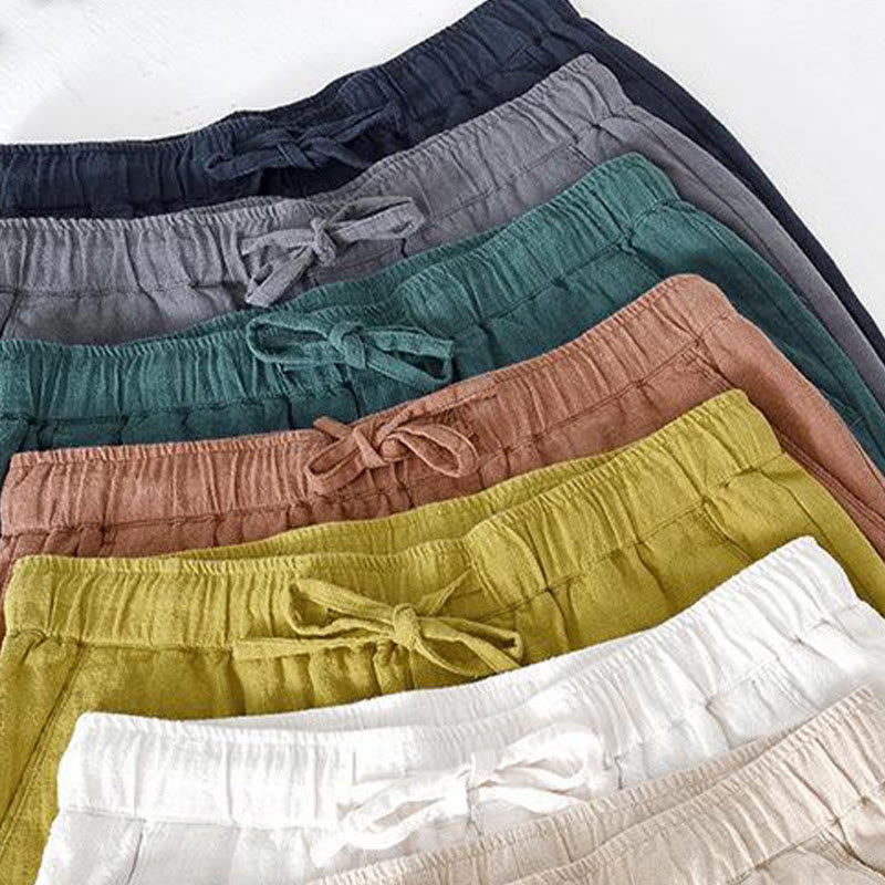 Buddha Stones Summer Solid Color Drawstring Elastic Waist Men's Cotton Linen Shorts With Pockets - image 39