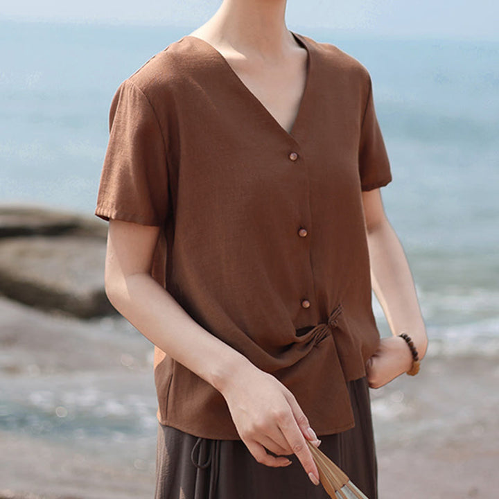 Buddha Stones Button Irregular Design V-Neck Cotton Linen Women's Short Sleeve Shirt - image 5