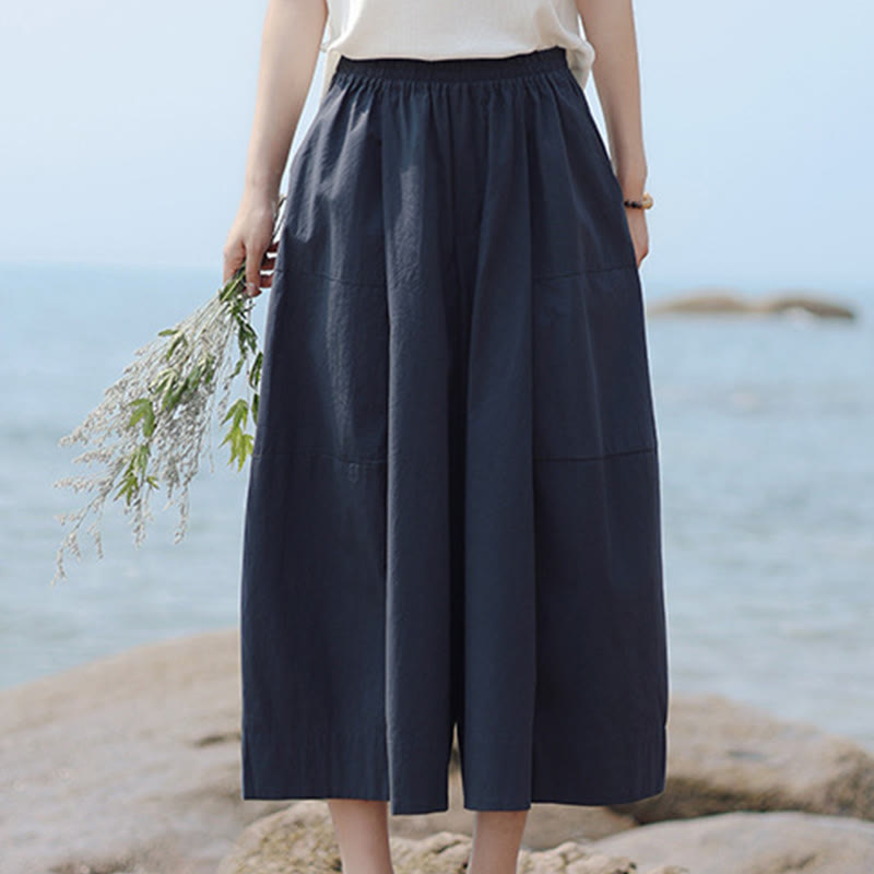 Buddha Stones Casual Plain Cotton High Waist Women's Wide Leg Capri Cropped Pants With Pockets - image 1