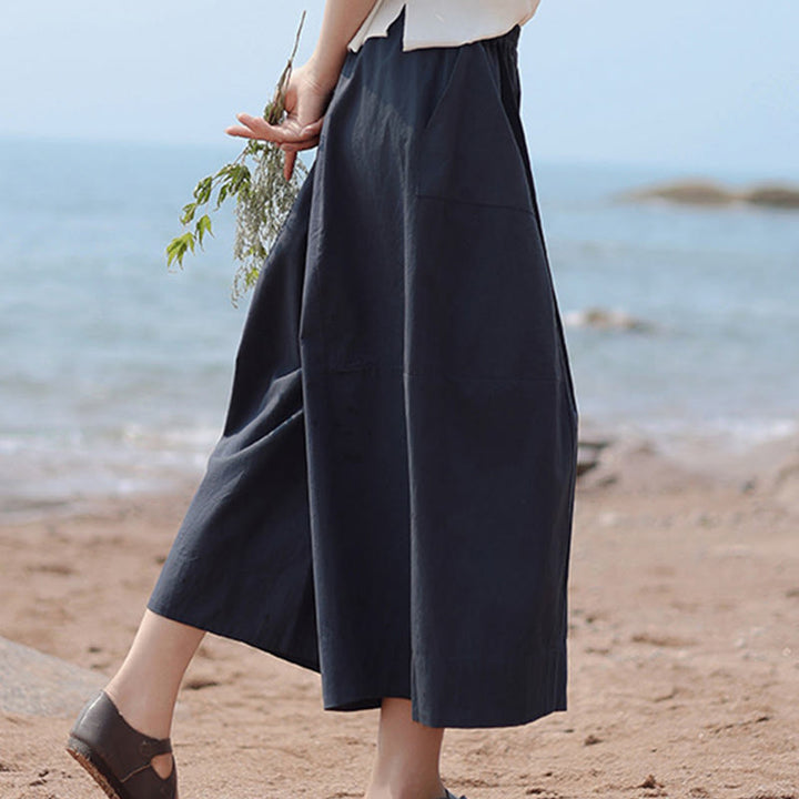 Buddha Stones Casual Plain Cotton High Waist Women's Wide Leg Capri Cropped Pants With Pockets - image 6