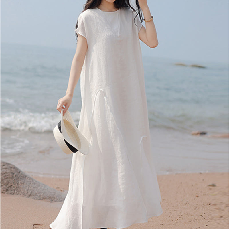 Buddha Stones Plain Irregular Hem Short Sleeve Cotton Linen Maxi Dress - image 16