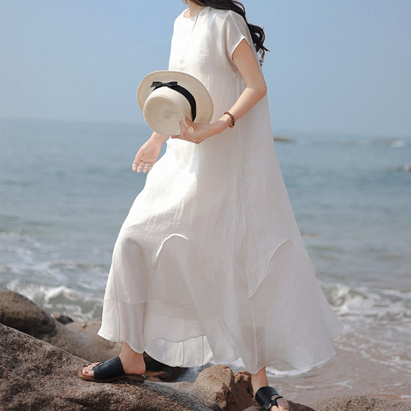 Buddha Stones Plain Irregular Hem Short Sleeve Cotton Linen Maxi Dress - image 13