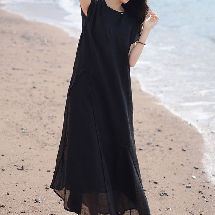 Buddha Stones Plain Irregular Hem Short Sleeve Cotton Linen Maxi Dress - image 4