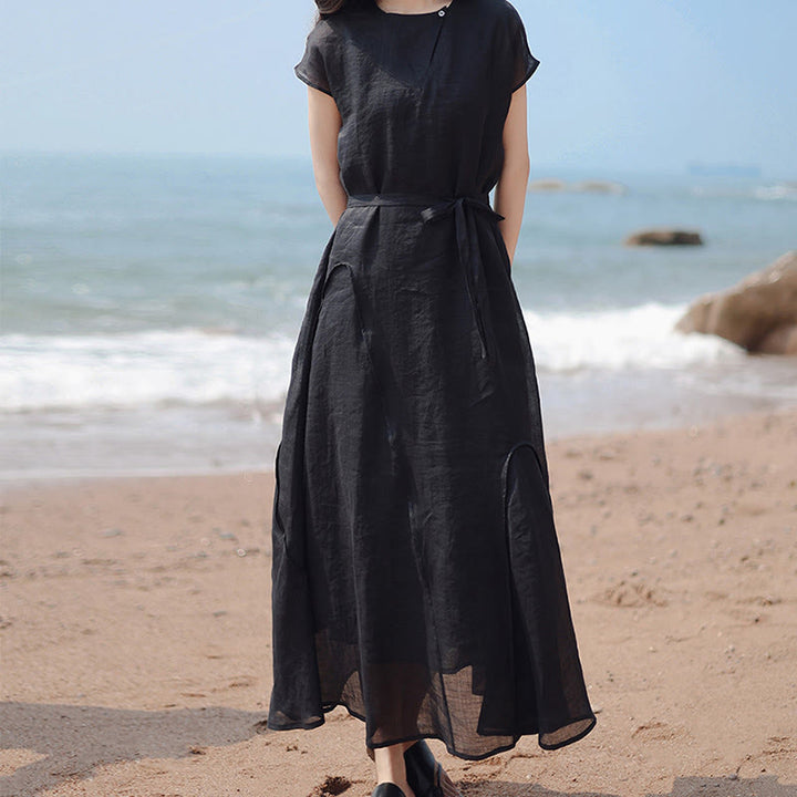 Buddha Stones Plain Irregular Hem Short Sleeve Cotton Linen Maxi Dress - Black - US8-10，UK/AU12-14，EU40-42 (2XL) - image 1