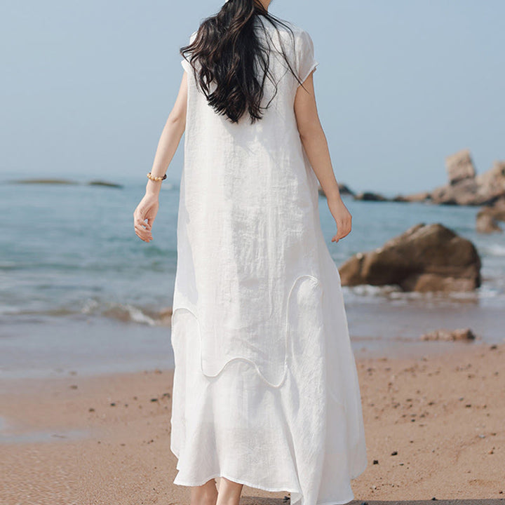 Buddha Stones Plain Irregular Hem Short Sleeve Cotton Linen Maxi Dress - image 19