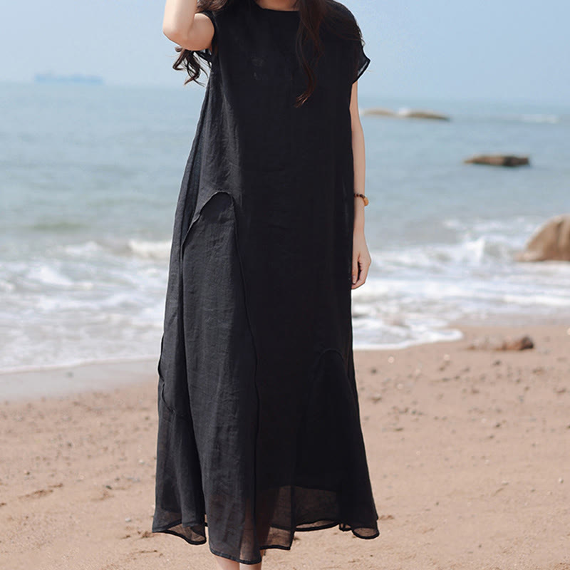 Buddha Stones Plain Irregular Hem Short Sleeve Cotton Linen Maxi Dress - image 6