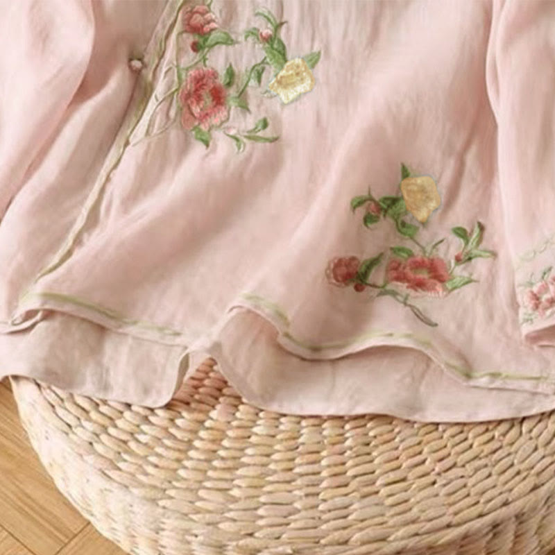 Buddha Stones Casual Vintage Embroidery Flower Pattern Chinese Frog-Button Crew Neck Design Women's Cotton Linen Shirt - image 9