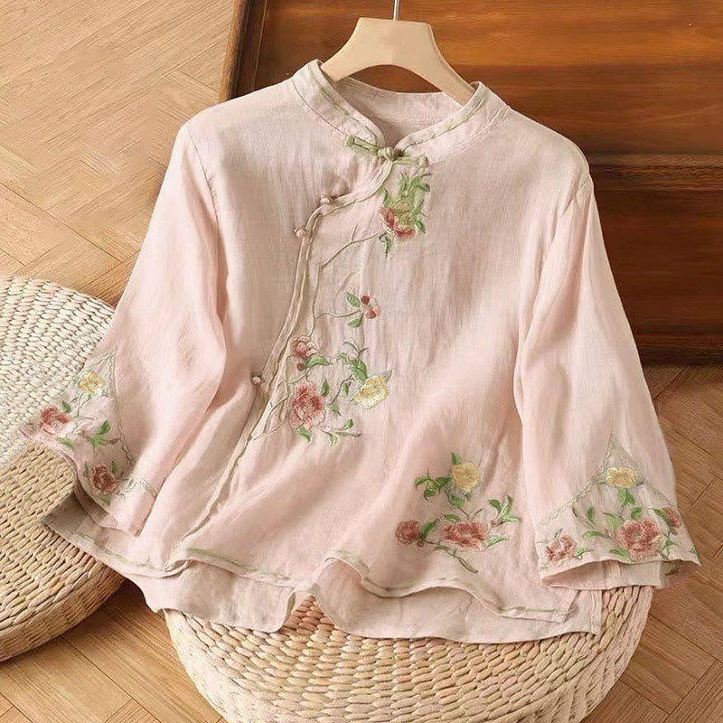 Buddha Stones Casual Vintage Embroidery Flower Pattern Chinese Frog-Button Crew Neck Design Women's Cotton Linen Shirt - LightPink - US12，UK/AU16，EU44 (3XL) - image 7