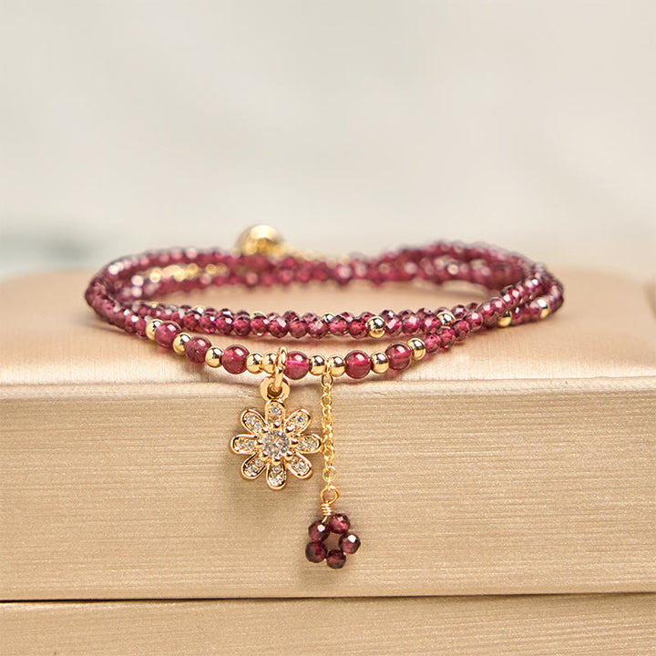 Buddha Stones Natural 2.5mm Garnet Beads Flower Purification Multilayer Bracelet