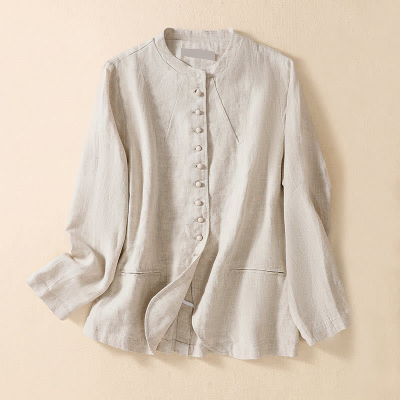 Buddha Stones Women's Cotton Linen Stand Collar Long Sleeve Shirt With Pockets - Beige - US8-10，UK/AU12-14，EU40-42 (2XL) - image 0