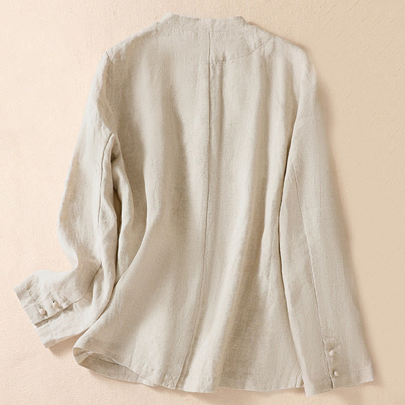 Buddha Stones Women's Cotton Linen Stand Collar Long Sleeve Shirt With Pockets - image 1