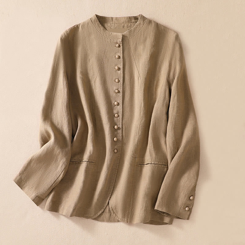 Buddha Stones Women's Cotton Linen Stand Collar Long Sleeve Jacket With Pockets - Tan - US8-10，UK/AU12-14，EU40-42 (2XL) - image 22