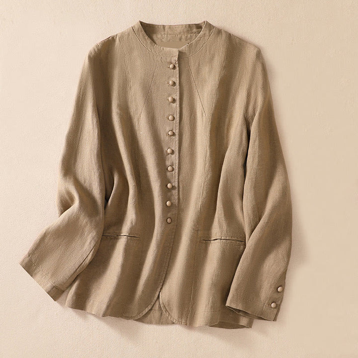 Buddha Stones Women's Cotton Linen Stand Collar Long Sleeve Shirt With Pockets - Tan - US8-10，UK/AU12-14，EU40-42 (2XL) - image 22