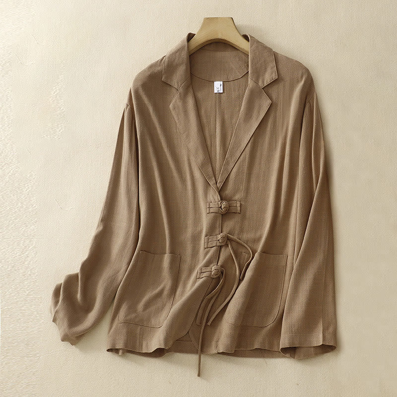 Buddha Stones Women's Cotton Linen Frog-Button Long Sleeve Jacket With Pockets - BurlyWood - US12，UK/AU16，EU44 (2XL) - image 0