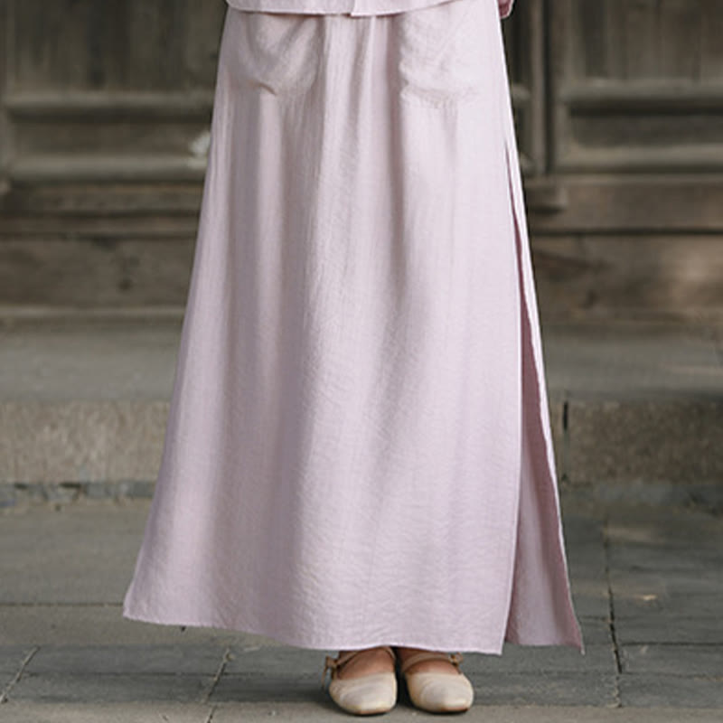Buddha Stones 2Pcs Buttons Shirt Top Skirt With Pockets Meditation Cotton Clothing Women's Set
