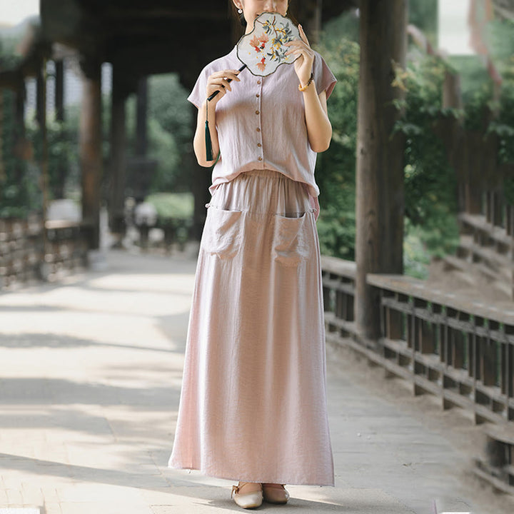 Buddha Stones 2Pcs Buttons Shirt Top Skirt With Pockets Meditation Cotton Clothing Women's Set
