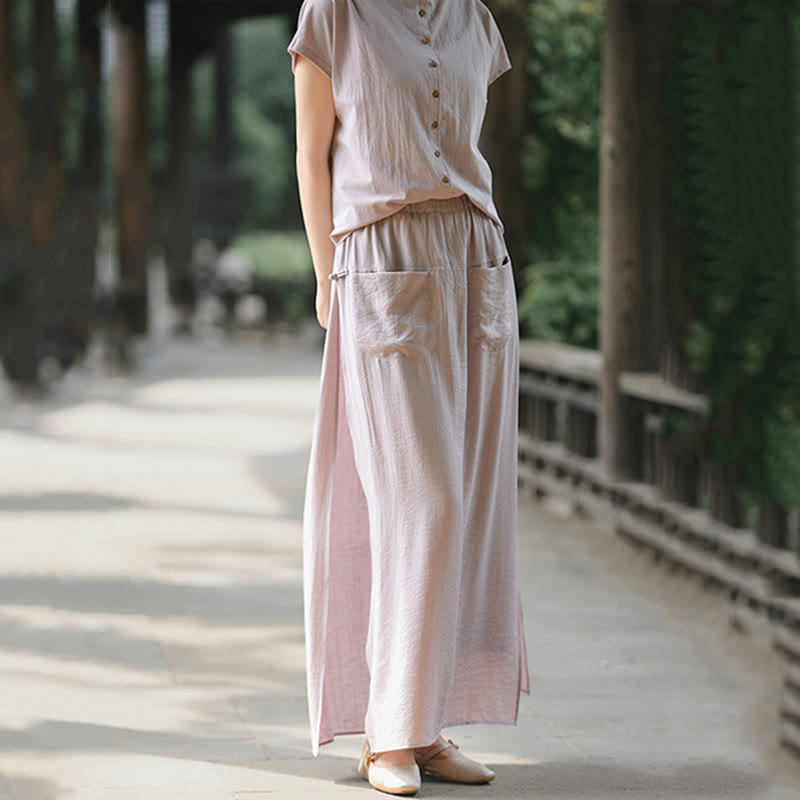 Buddha Stones 2Pcs Buttons Shirt Top Skirt With Pockets Meditation Cotton Clothing Women's Set
