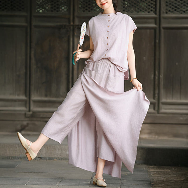 Buddha Stones 2Pcs Buttons Shirt Top Skirt With Pockets Meditation Cotton Clothing Women's Set