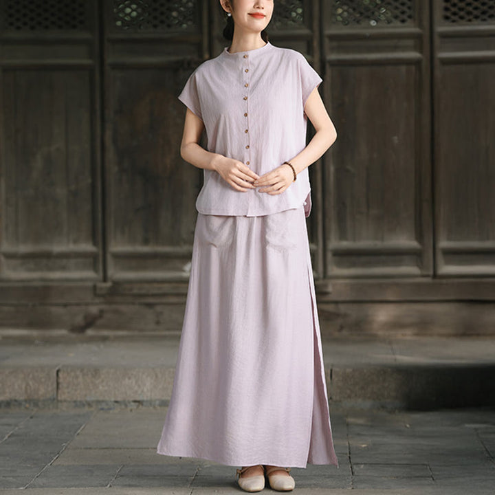 Buddha Stones 2Pcs Buttons Shirt Top Skirt With Pockets Meditation Cotton Clothing Women's Set