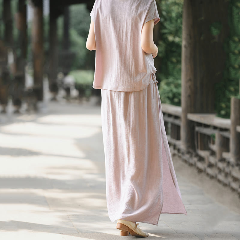 Buddha Stones 2Pcs Buttons Shirt Top Skirt With Pockets Meditation Cotton Clothing Women's Set